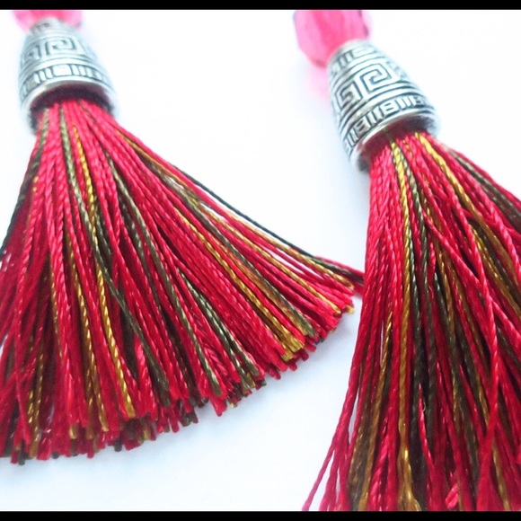 LAST PAIR: Silk Red Tassel Earrings - Picture 2 of 3